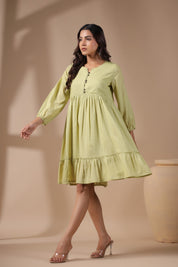 Women Solid Green Viscose Rayon Frill Dress