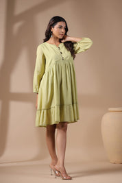 Women Solid Green Viscose Rayon Frill Dress