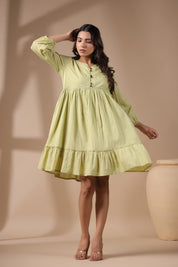 Women Solid Green Viscose Rayon Frill Dress