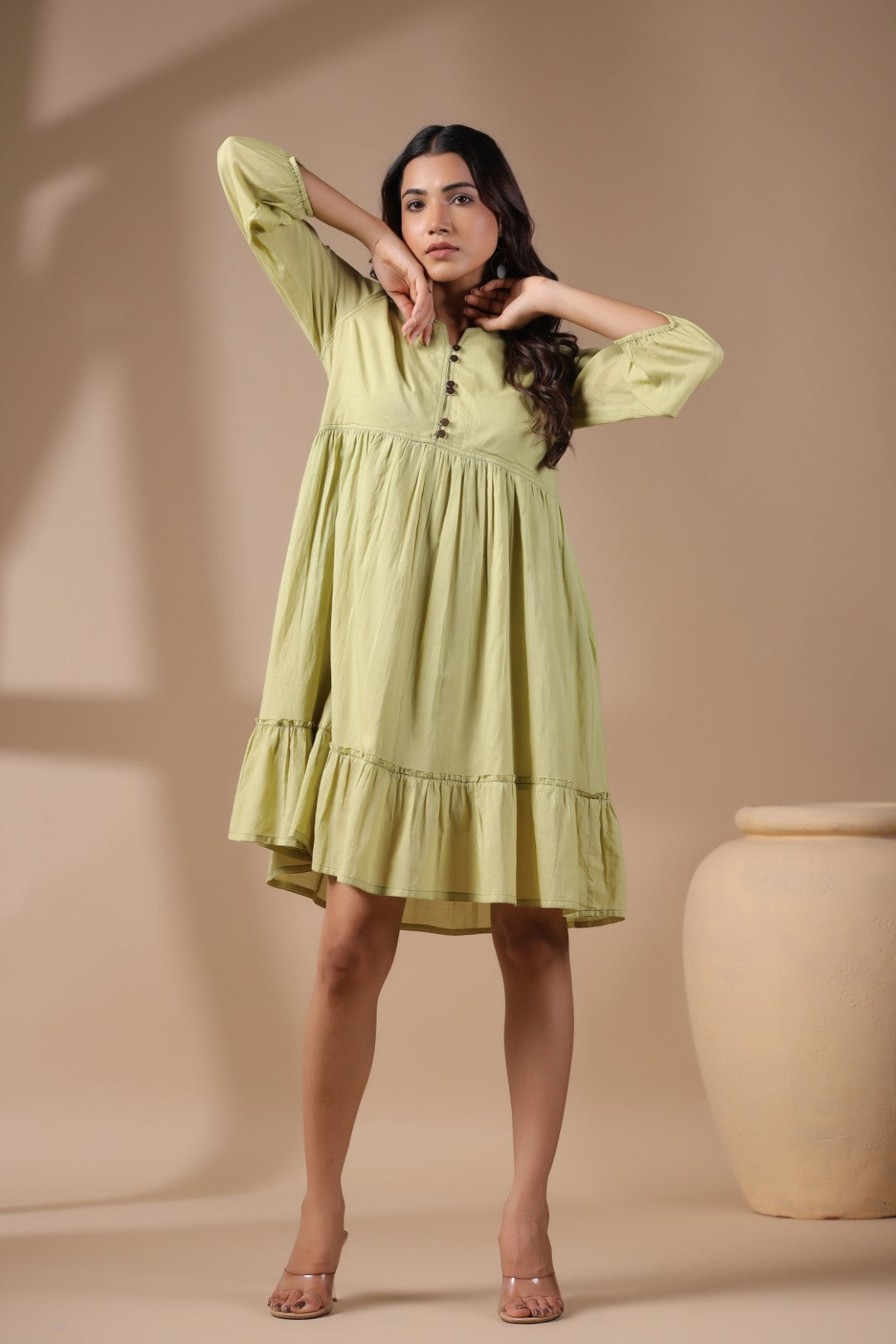 Women Solid Green Viscose Rayon Frill Dress