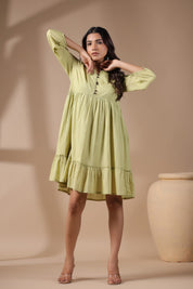 Women Solid Green Viscose Rayon Frill Dress