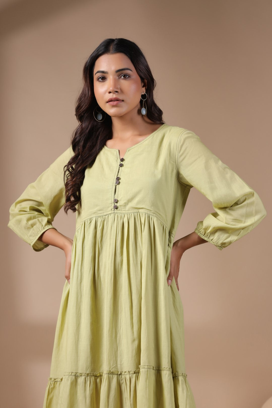 Women Solid Green Viscose Rayon Frill Dress