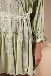 Women Green Rayon Viscose Solid Embroidery Dress