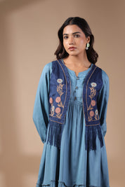 Women Floral Crop Open Front Jacket with Embroidered