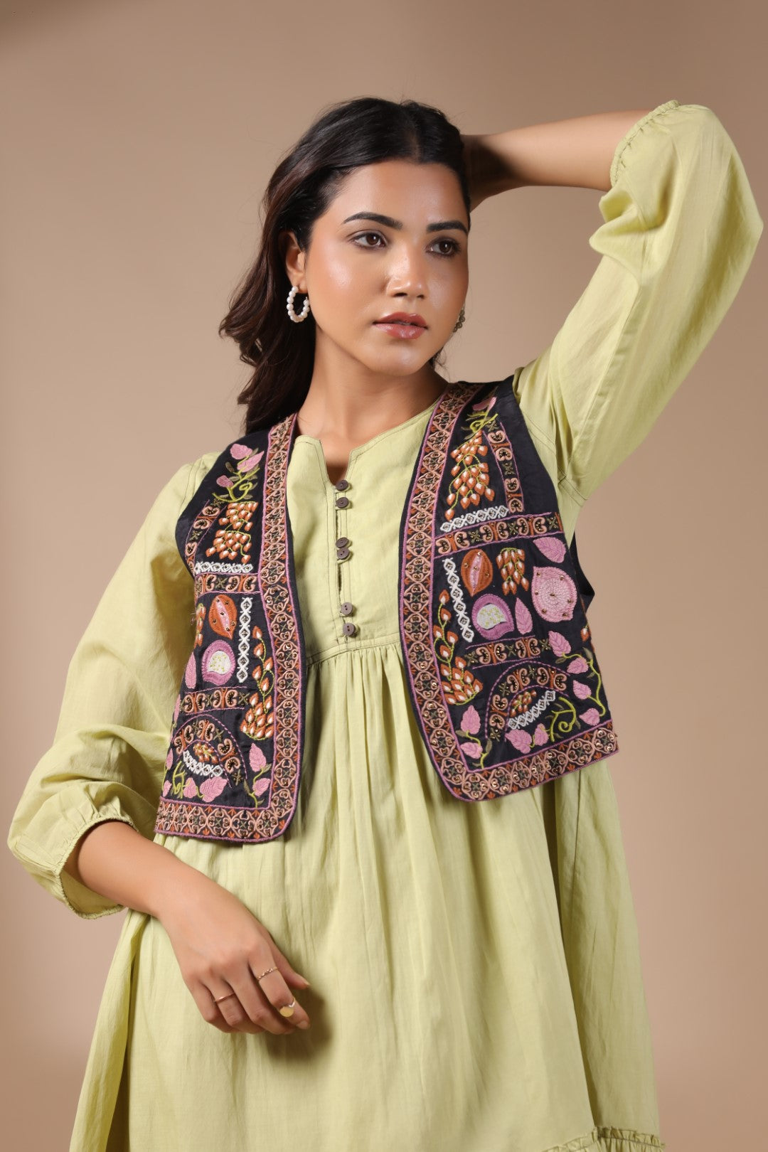 Women Floral Crop Open Front Jacket with Embroidered