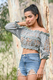 Women Cotton gauze Embroidered & Lace Work Crop Top