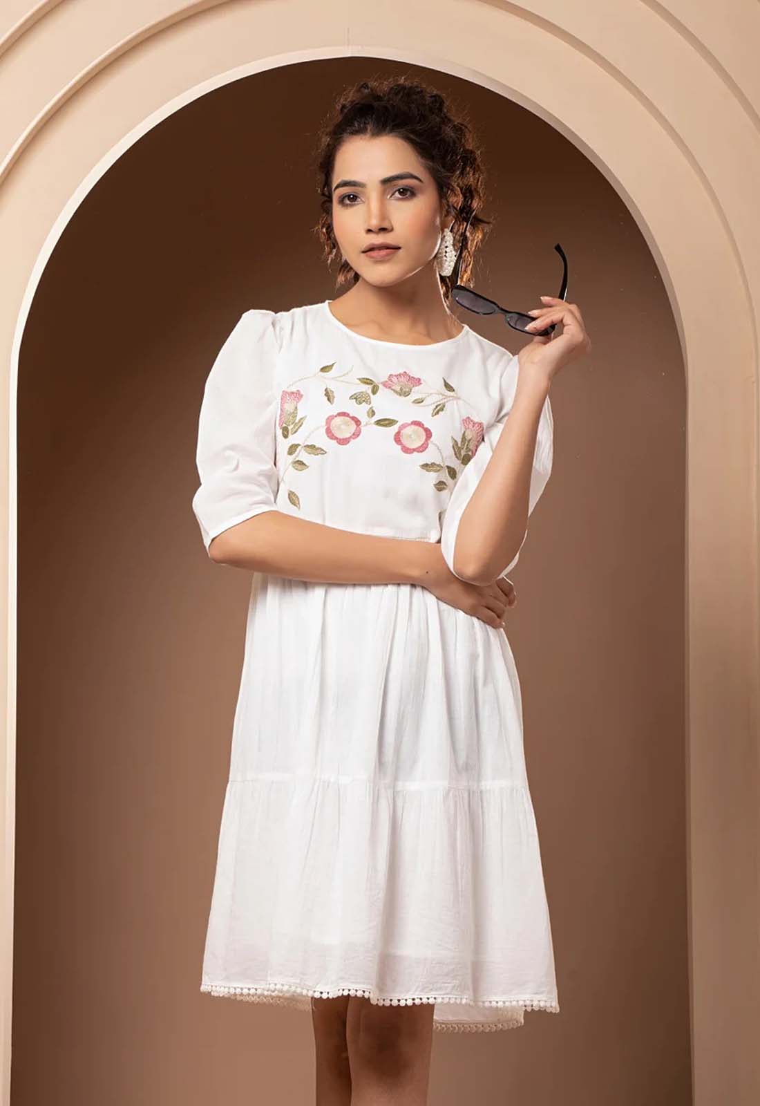 Women White Cotton Embroidered Mini Dress