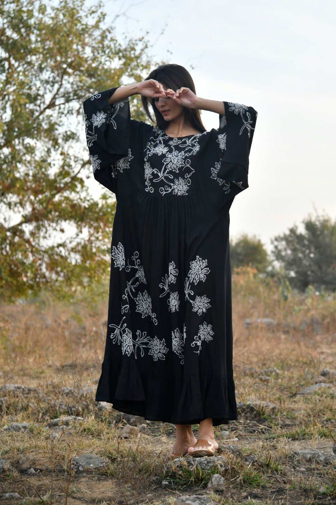 Women Viscose Embroidered Flared Midi Dress