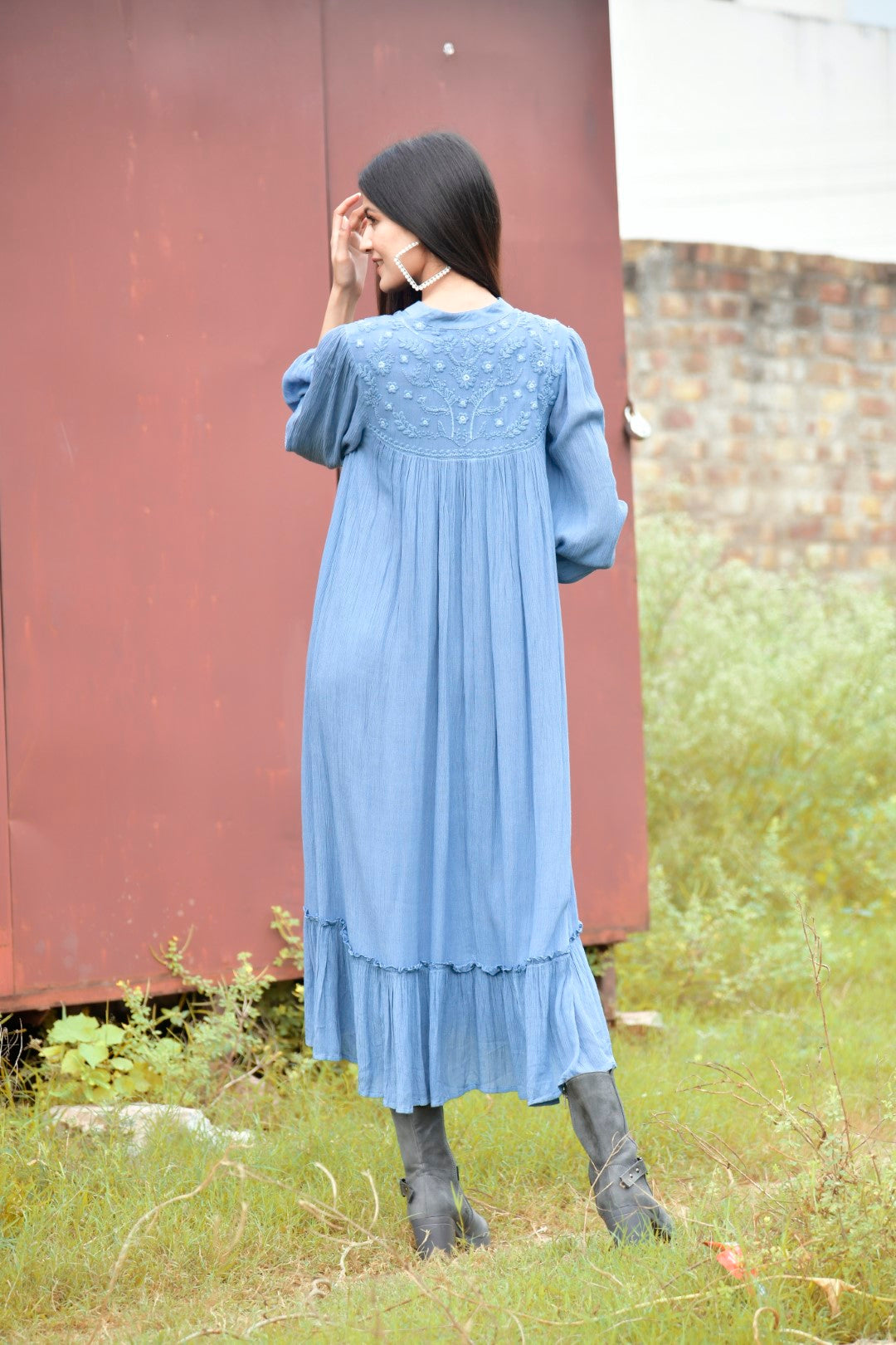 Women Rayon Embroidery Flared Midi Dress