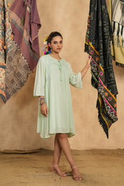 Women Rayon Crepe Green Mirror Work Embroidered Peplum Dress