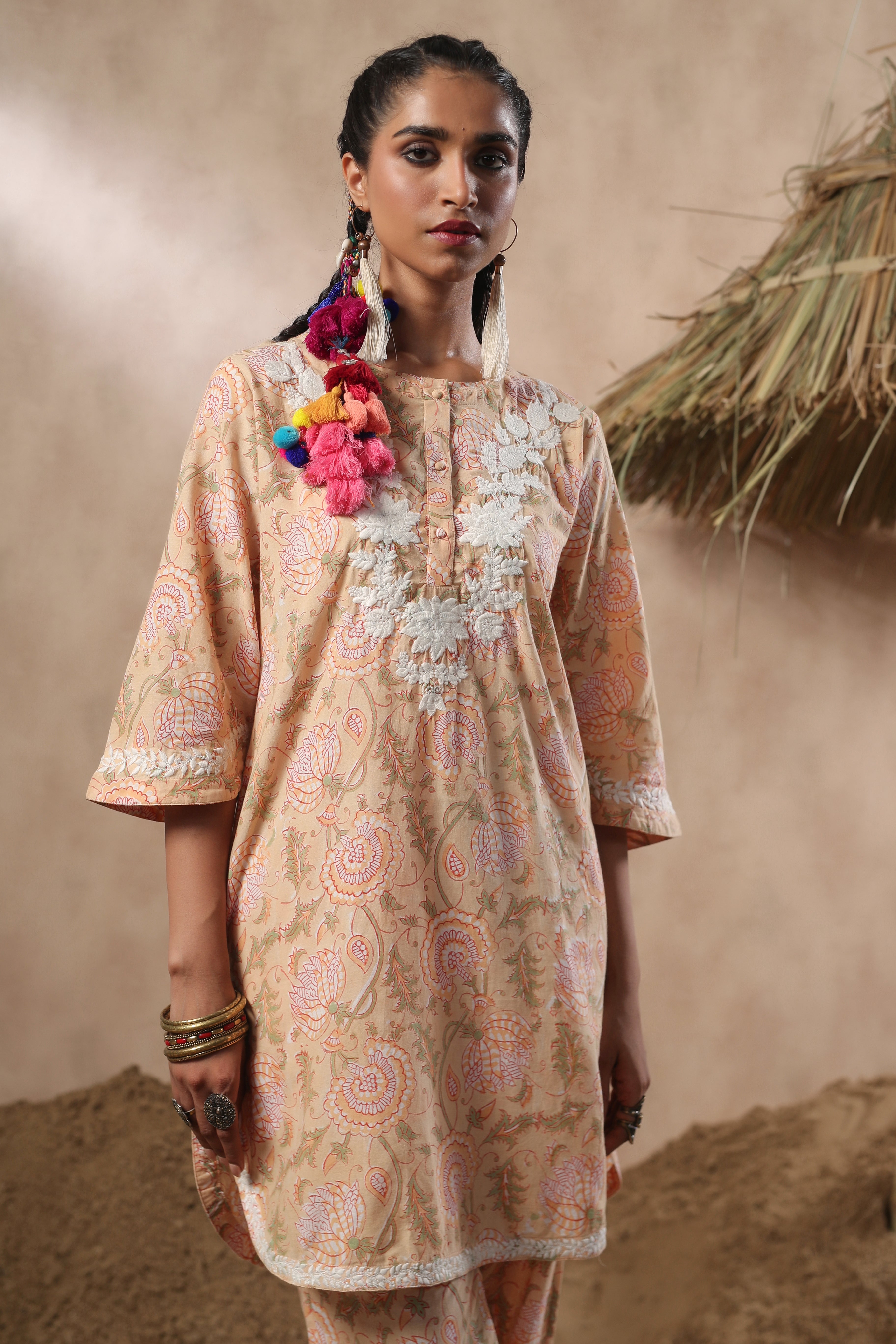 Women Mustard Viscose Cotton Printed & Embroidery Co-Ord Set