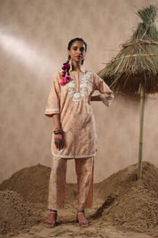 Women Mustard Viscose Cotton Printed & Embroidery Co-Ord Set