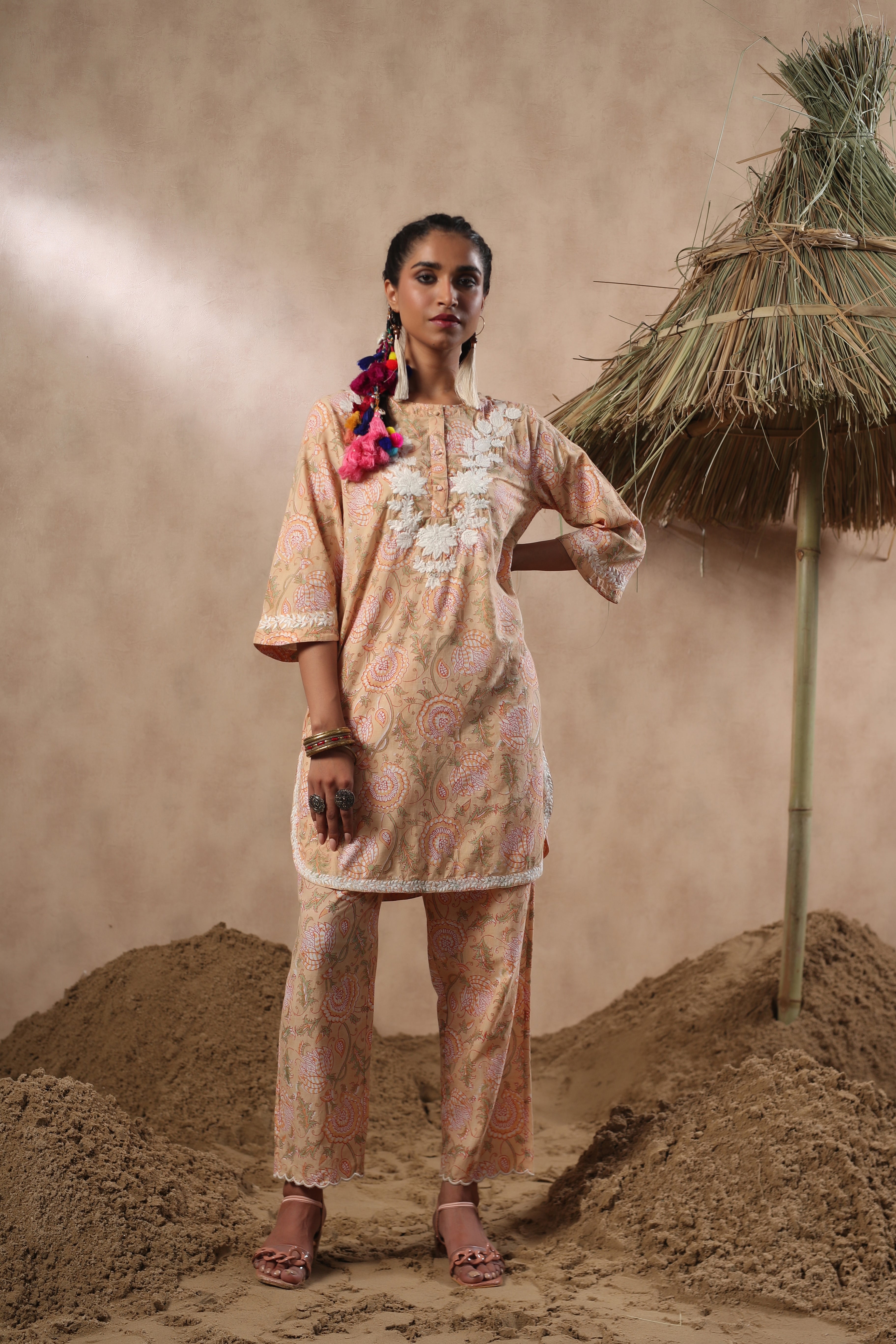 Women Mustard Viscose Cotton Printed & Embroidery Co-Ord Set
