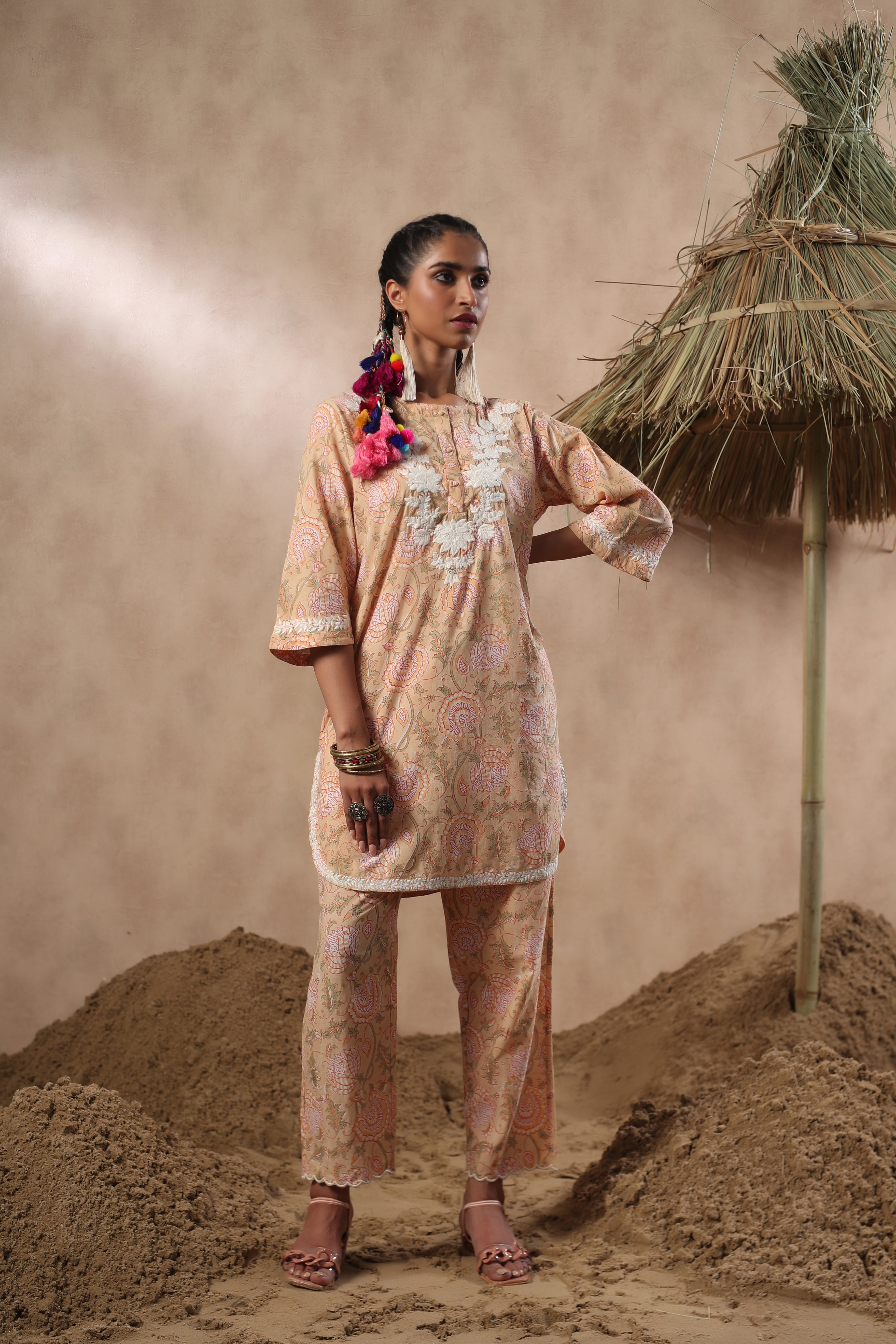 Women Mustard Viscose Cotton Printed & Embroidery Co-Ord Set