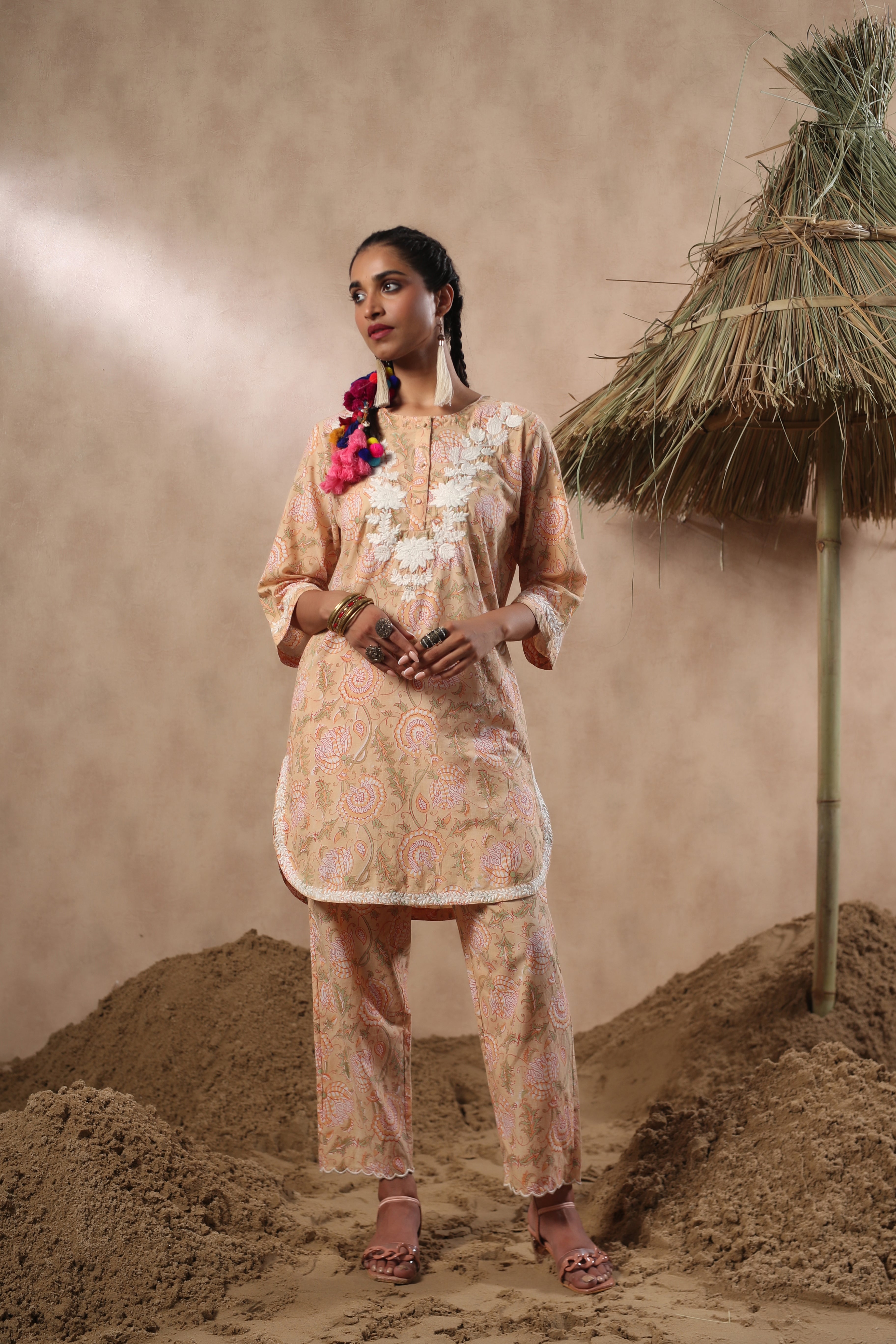 Women Mustard Viscose Cotton Printed & Embroidery Co-Ord Set