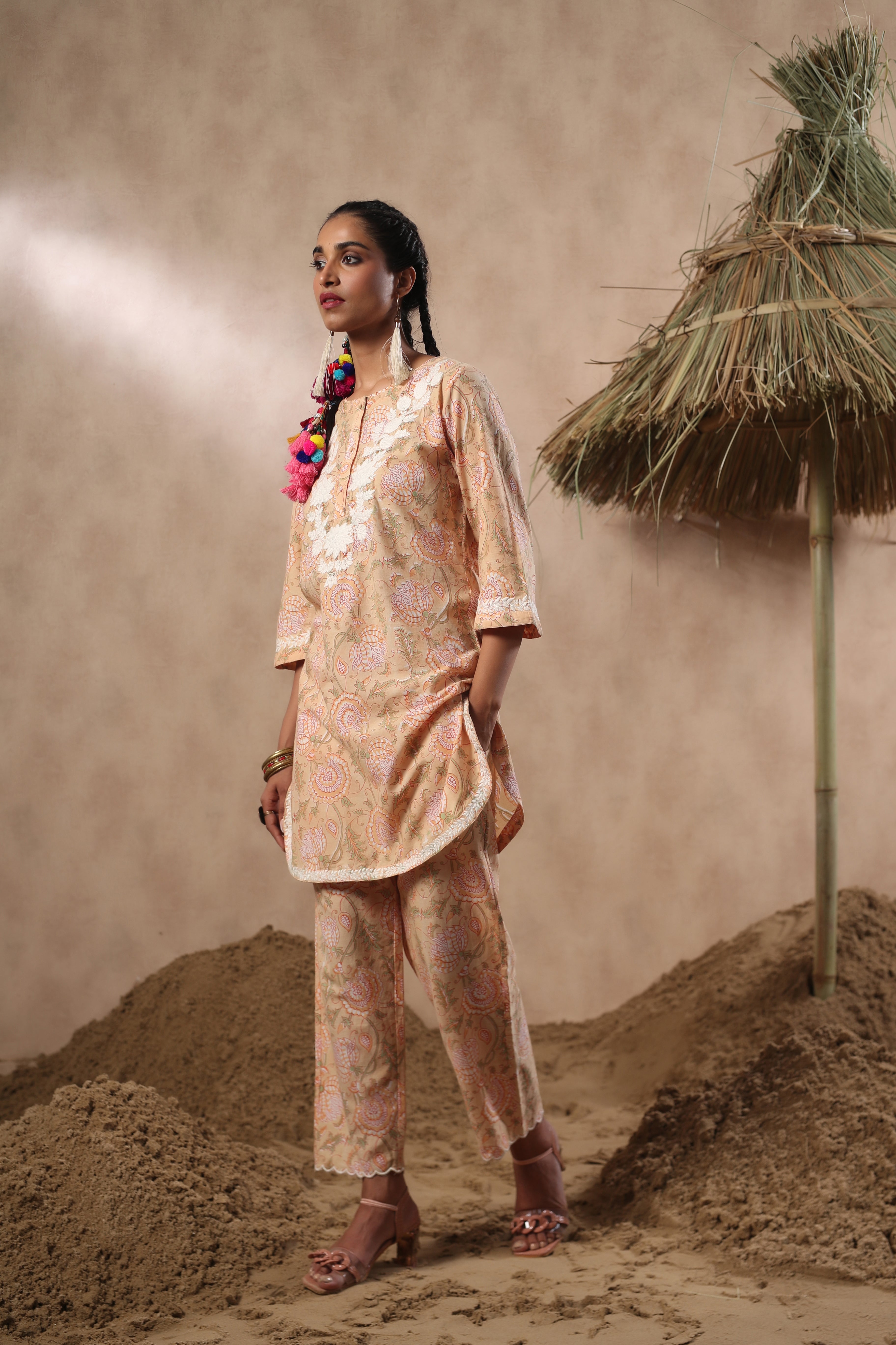 Women Mustard Viscose Cotton Printed & Embroidery Co-Ord Set