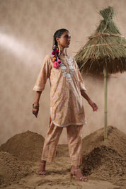 Women Mustard Viscose Cotton Printed & Embroidery Co-Ord Set