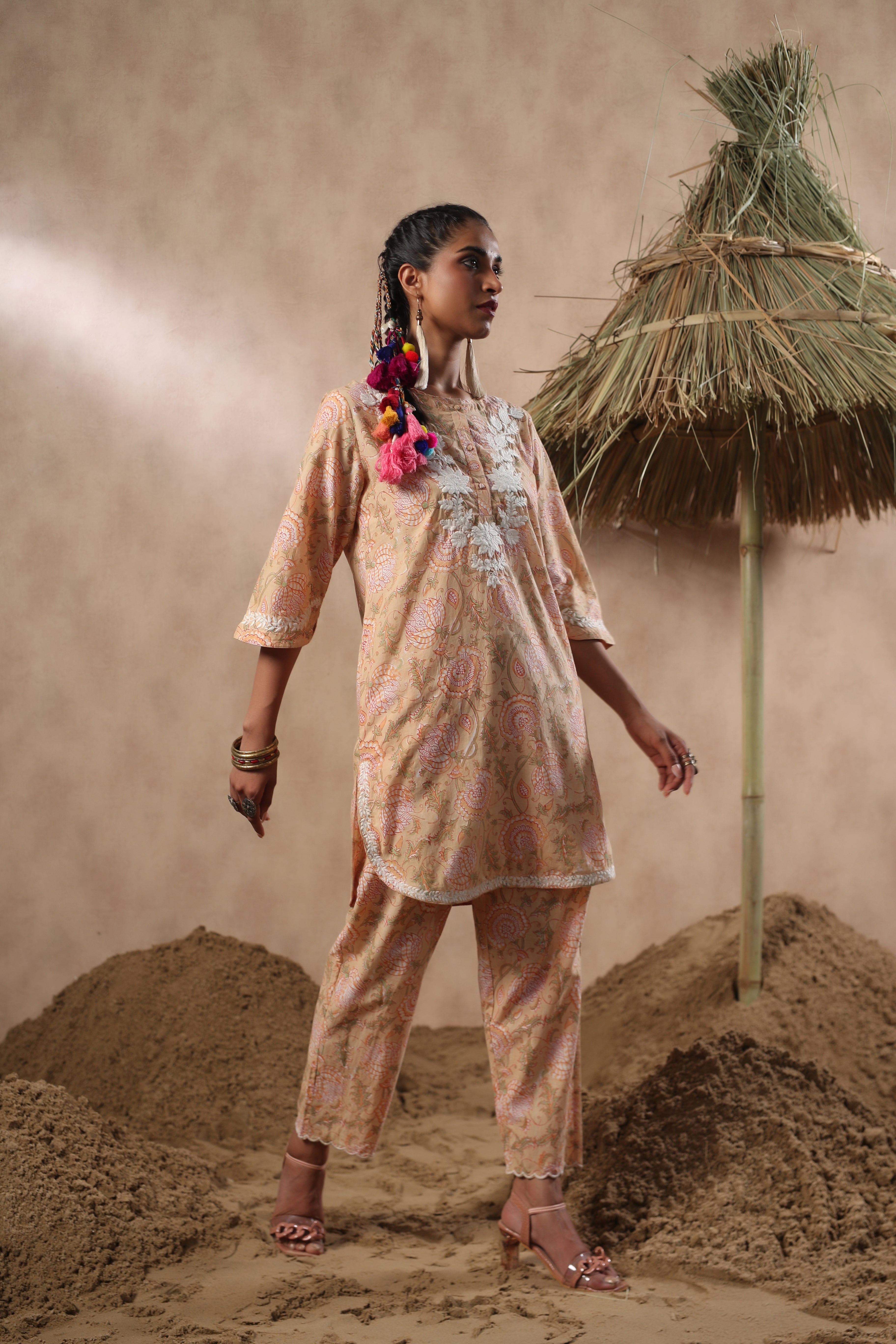 Women Mustard Viscose Cotton Printed & Embroidery Co-Ord Set