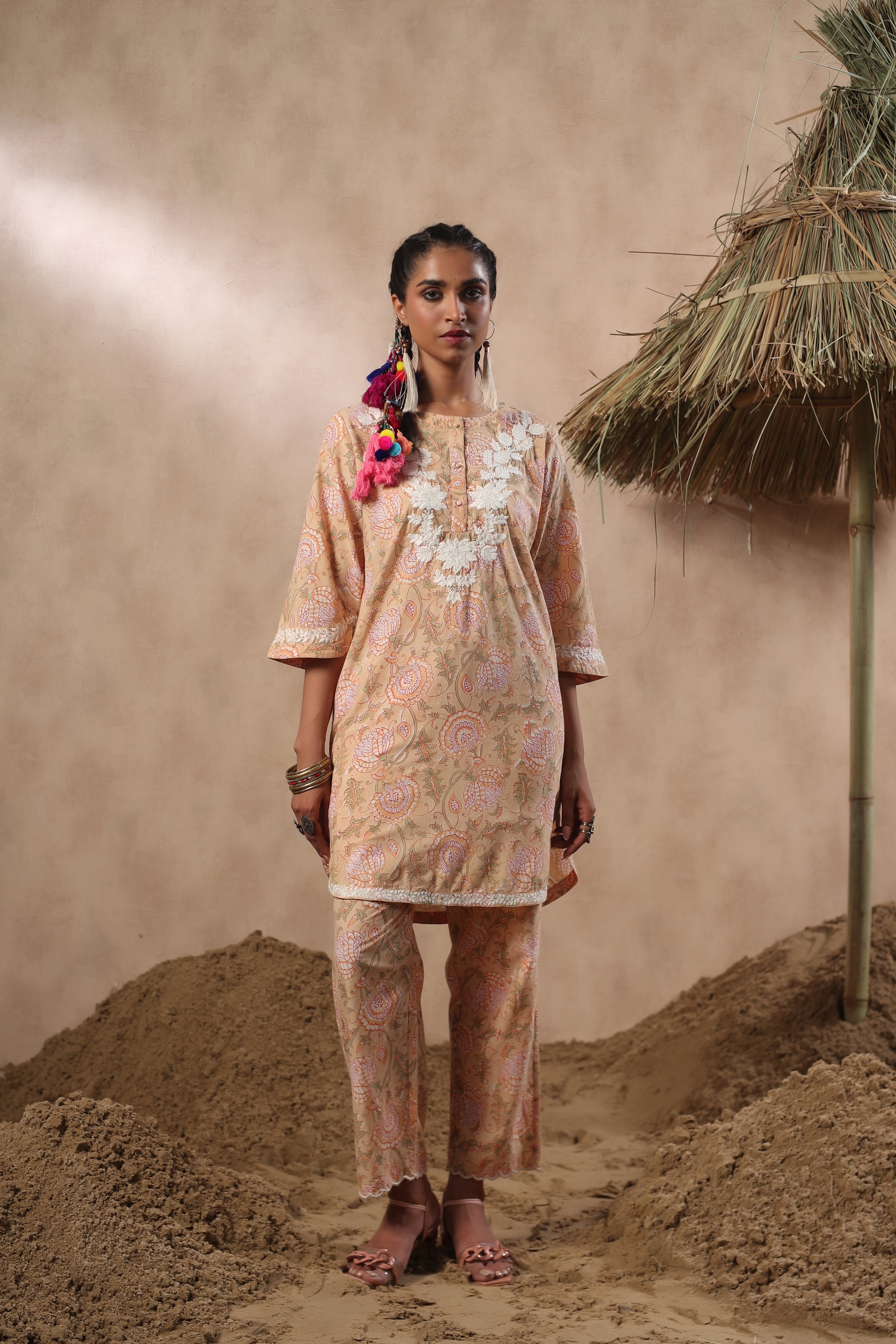 Women Mustard Viscose Cotton Printed & Embroidery Co-Ord Set