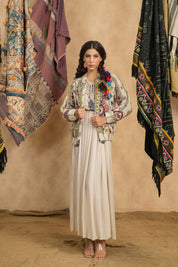 Cream Hand-Embroidered Bohemian Jacket – Multi-Color Threadwork, Tassel Detail, Relaxed Fit