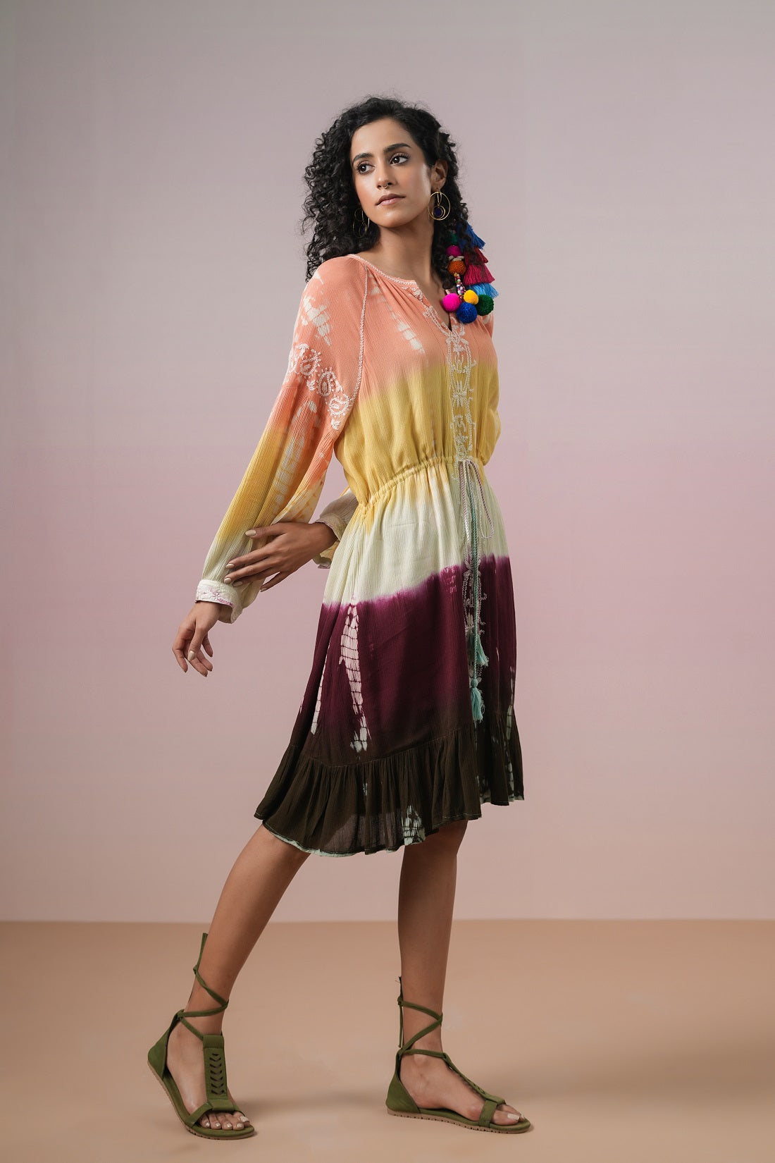Women Rayon Yarn Dyed Embroidered  Frill Mini Dress