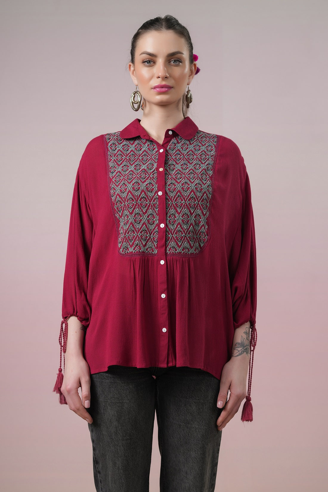Women Rayon Grey Embroidered Beads Work Top