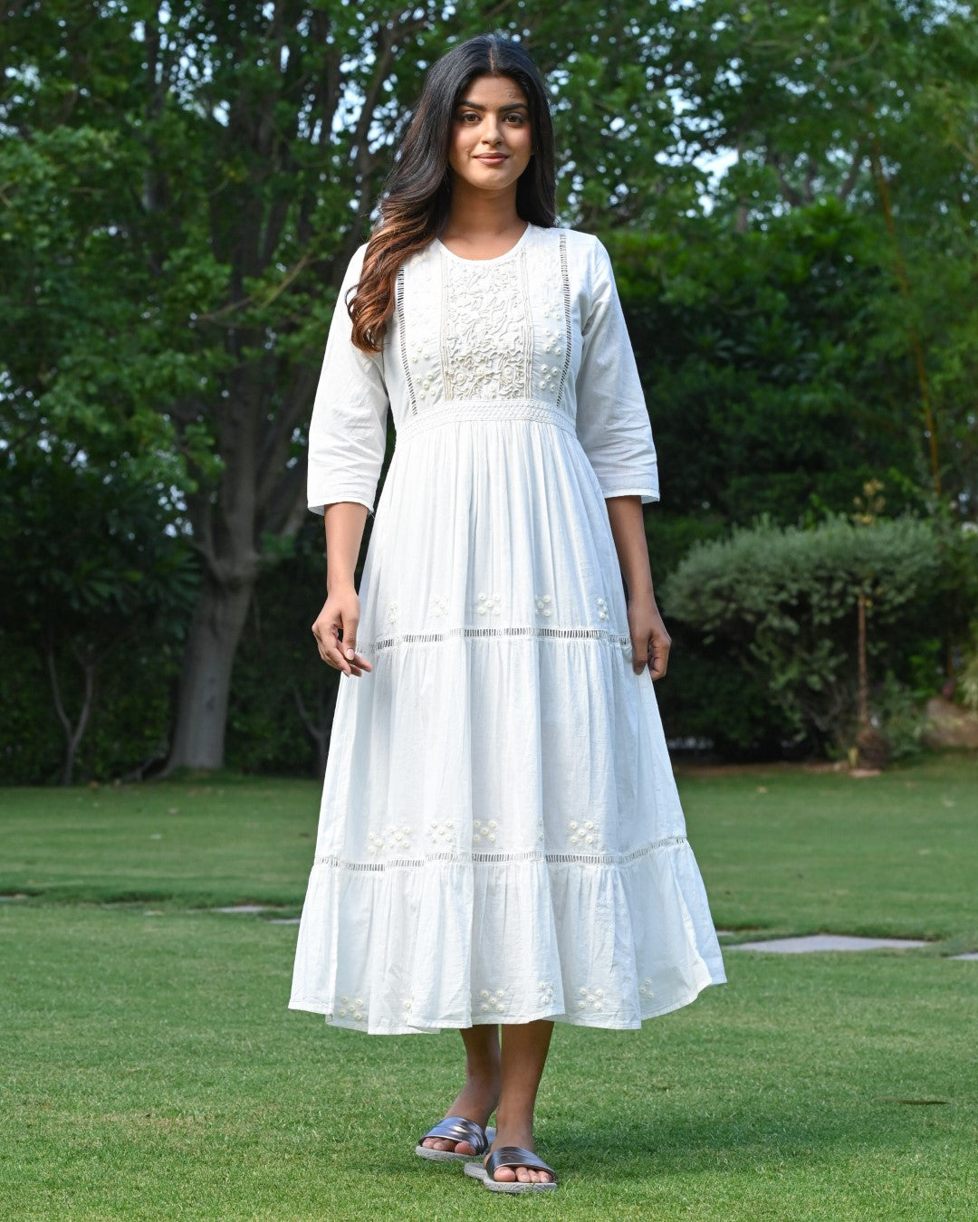 Women Cotton Embroidery with Mirror Work Flared Dress