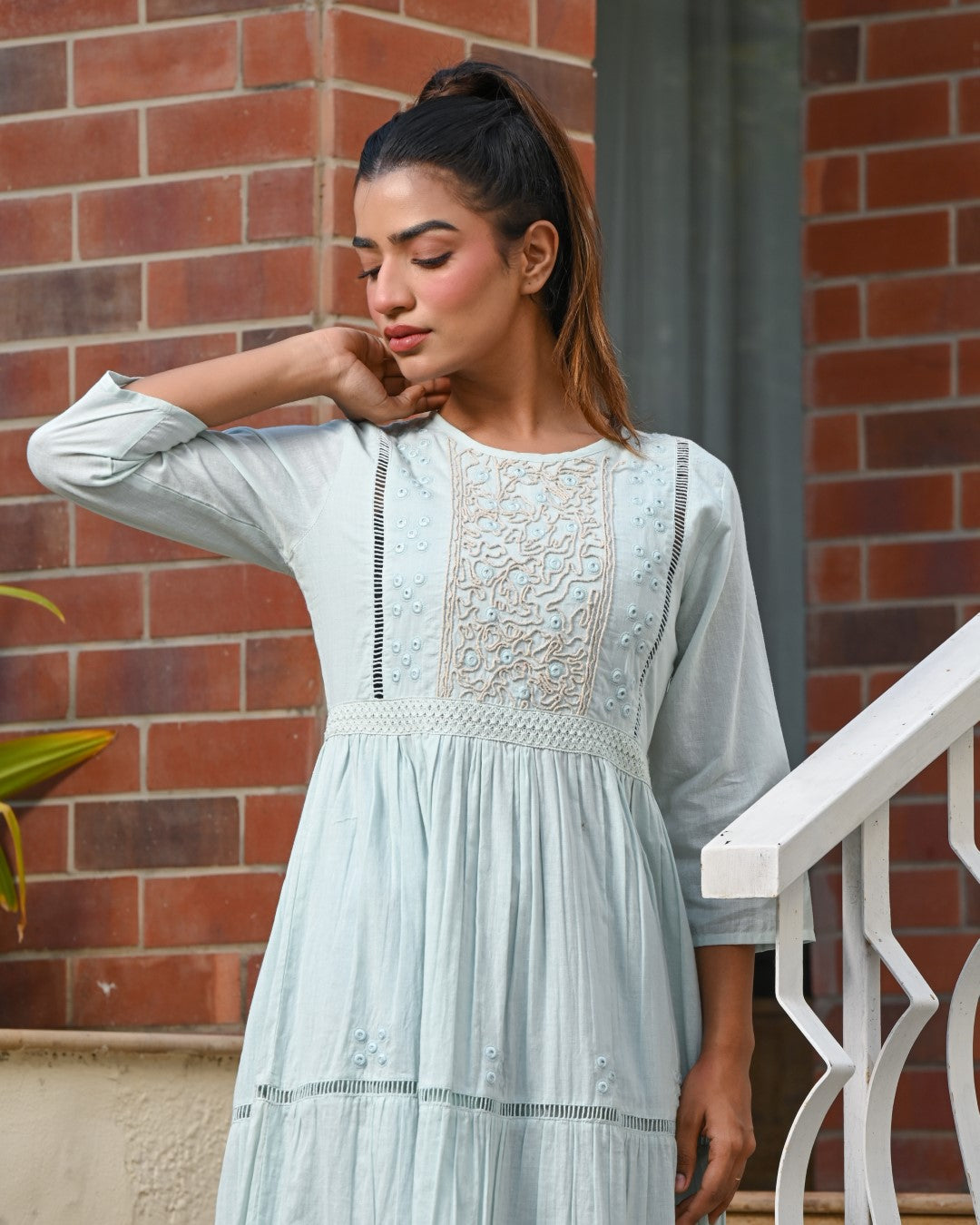 Women Cotton Embroidery with Mirror Work Flared Dress