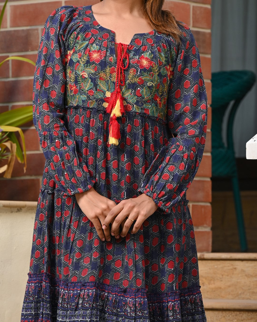 Women Cotton Khadi Printed Embroidery Flared Midi Dress