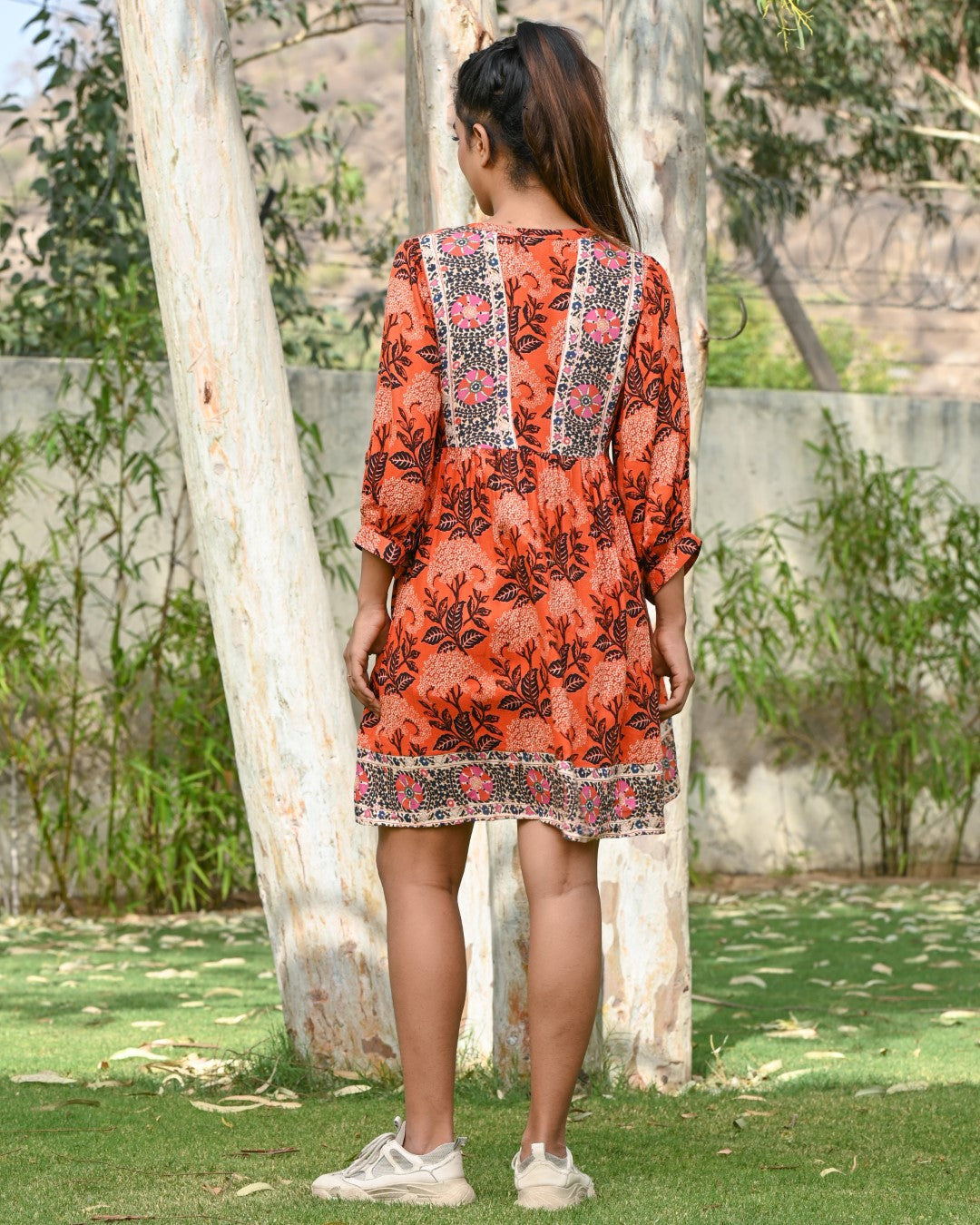 Women Orange Moss crepe Embellished & Printed Short Dress