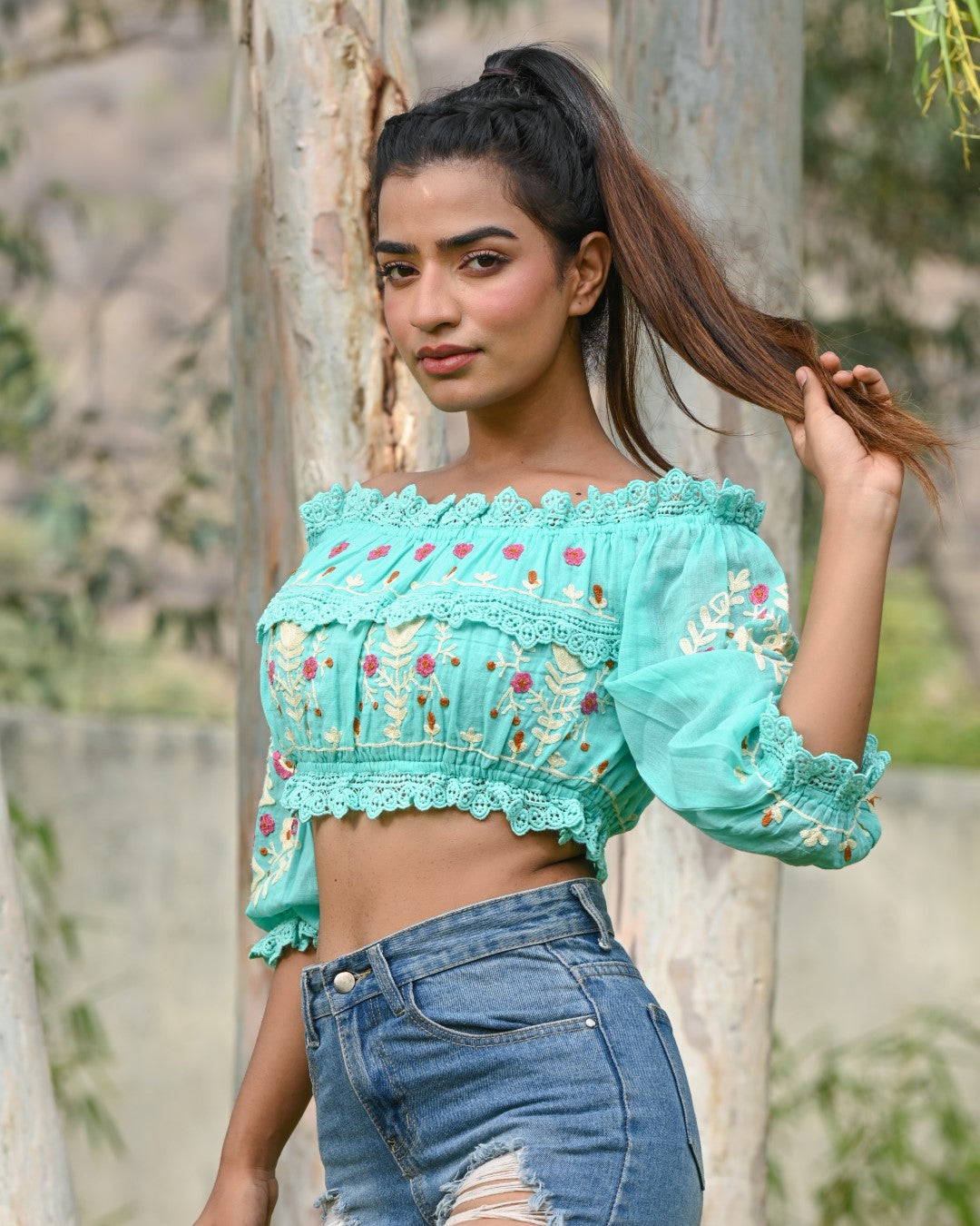 Women Cotton Embroidered & Lace Work Top