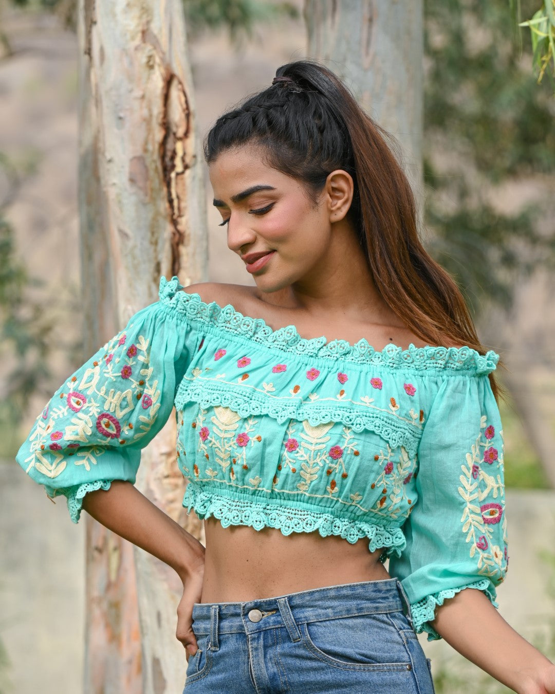 Women Cotton Embroidered & Lace Work Top