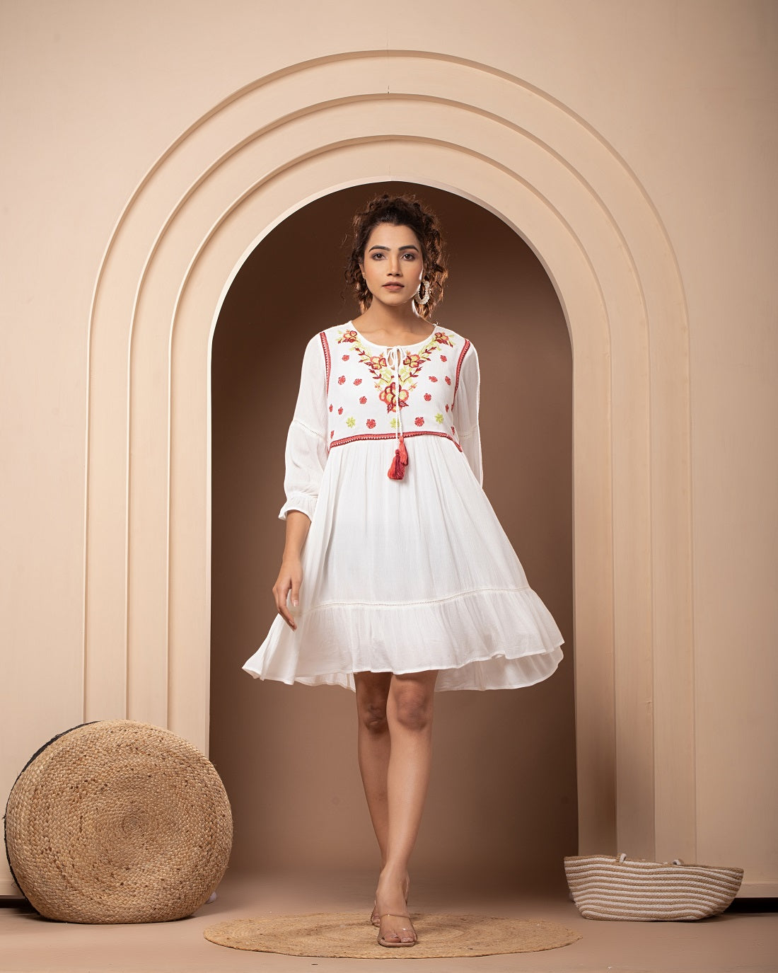 Women Rayon White Embroidered Flared Mini Dress