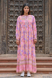 Women Pink Viscose Floral Printed Embroidery Long Dress