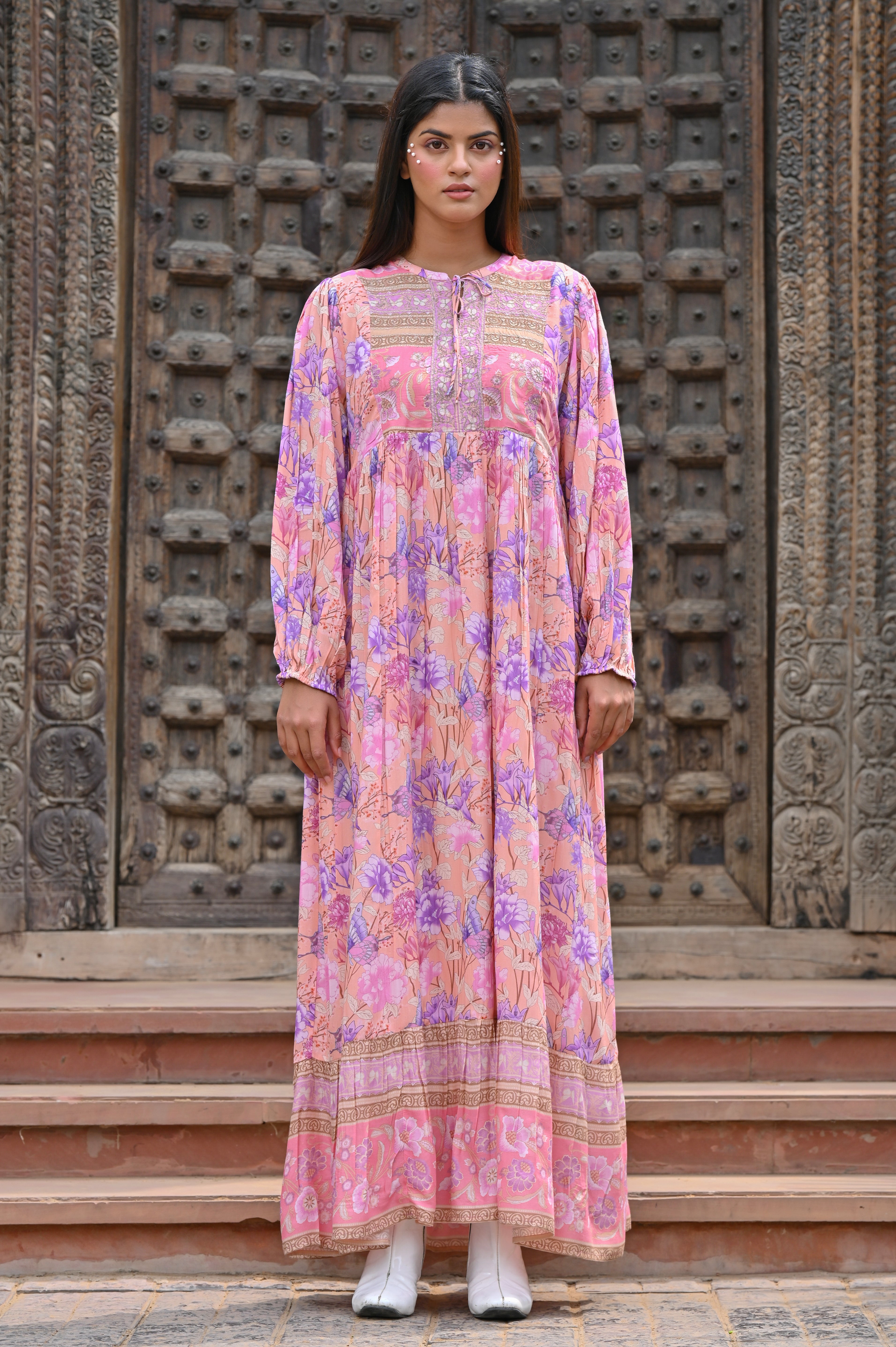 Women Pink Viscose Floral Printed Embroidery Long Dress