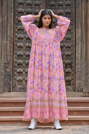 Women Pink Viscose Floral Printed Embroidery Long Dress
