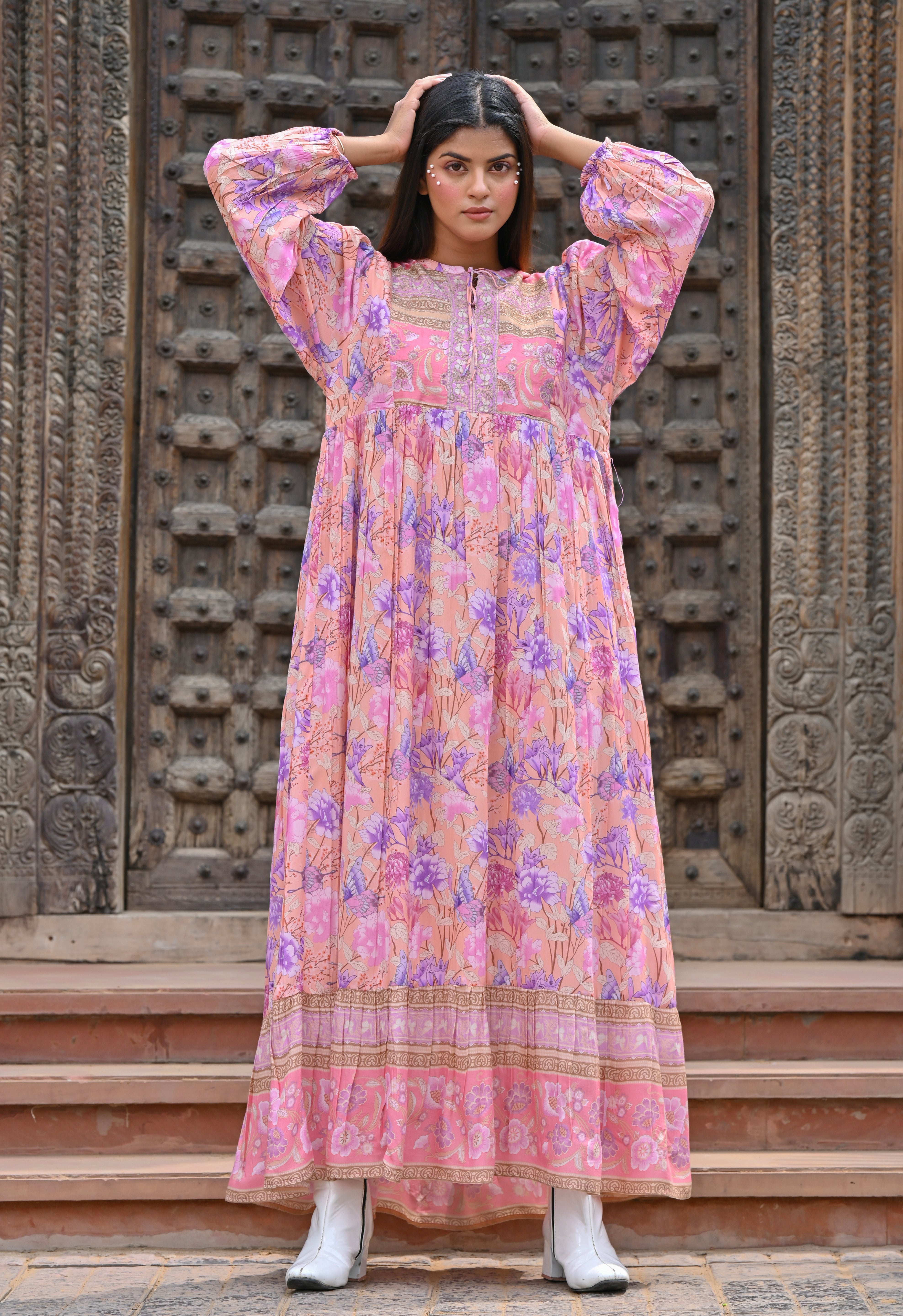 Women Pink Viscose Floral Printed Embroidery Long Dress