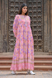 Women Pink Viscose Floral Printed Embroidery Long Dress