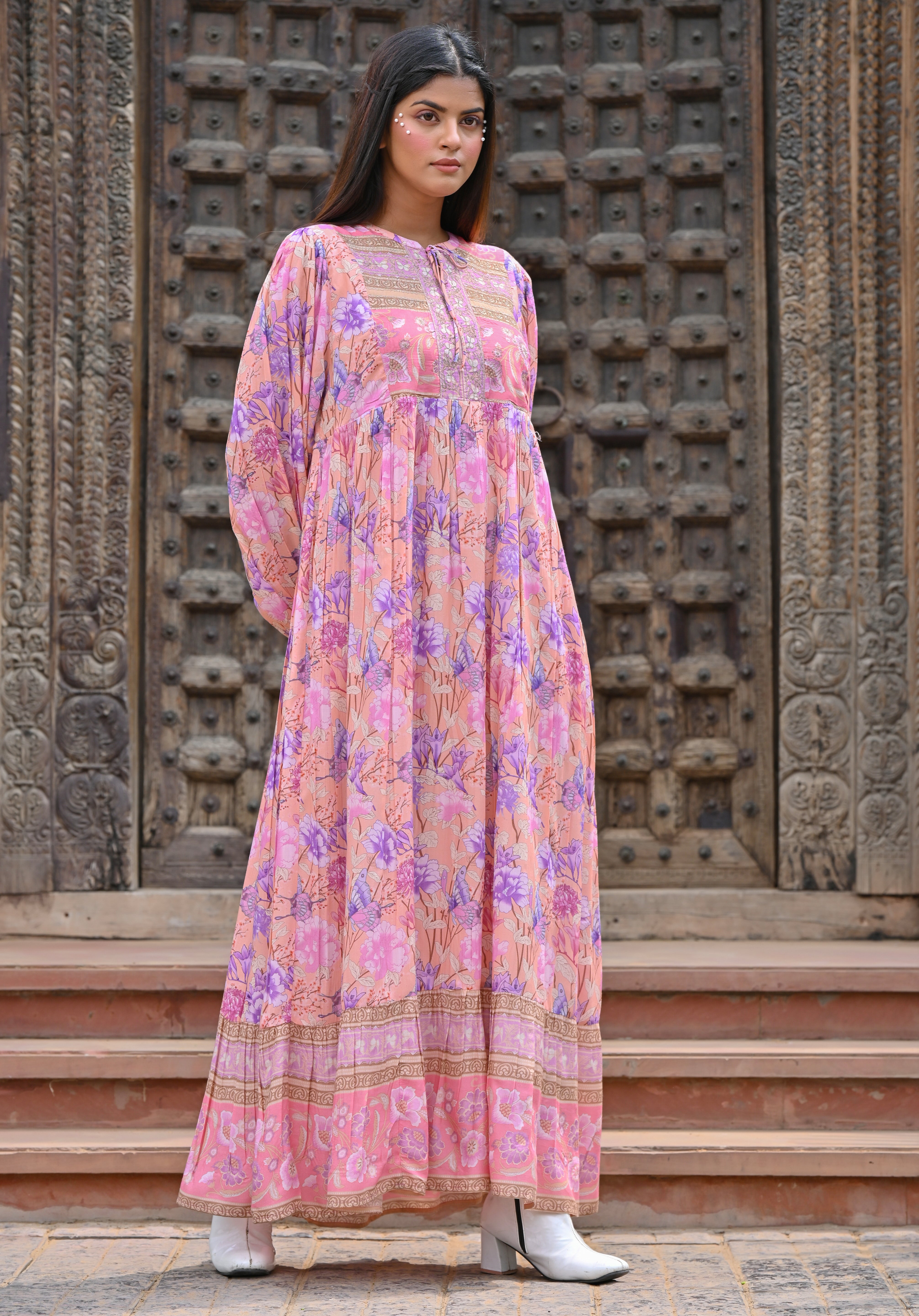 Women Pink Viscose Floral Printed Embroidery Long Dress