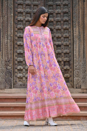 Women Pink Viscose Floral Printed Embroidery Long Dress