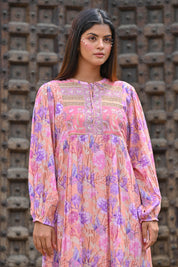 Women Pink Viscose Floral Printed Embroidery Long Dress