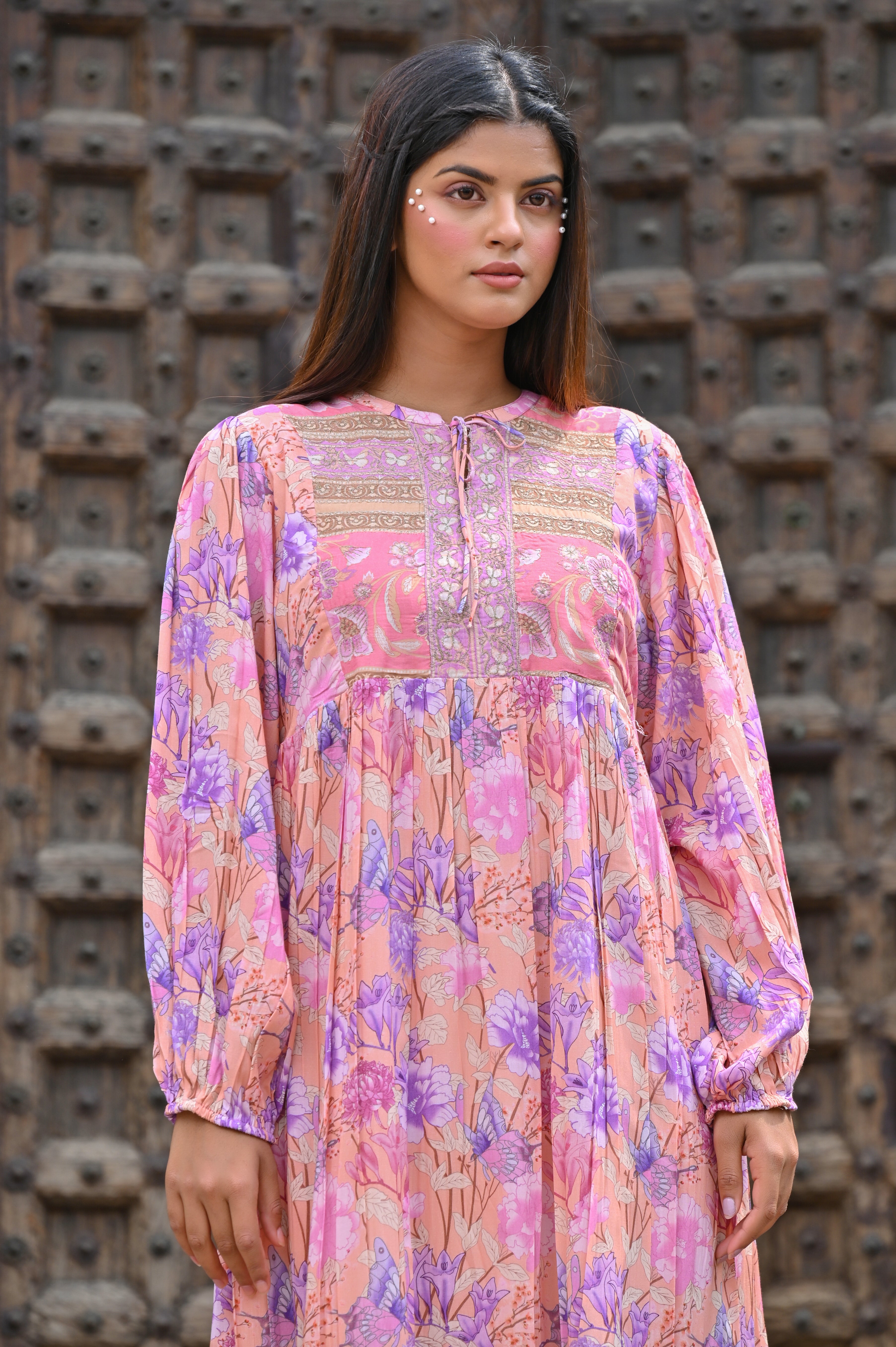 Women Pink Viscose Floral Printed Embroidery Long Dress