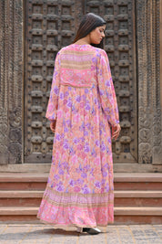 Women Pink Viscose Floral Printed Embroidery Long Dress
