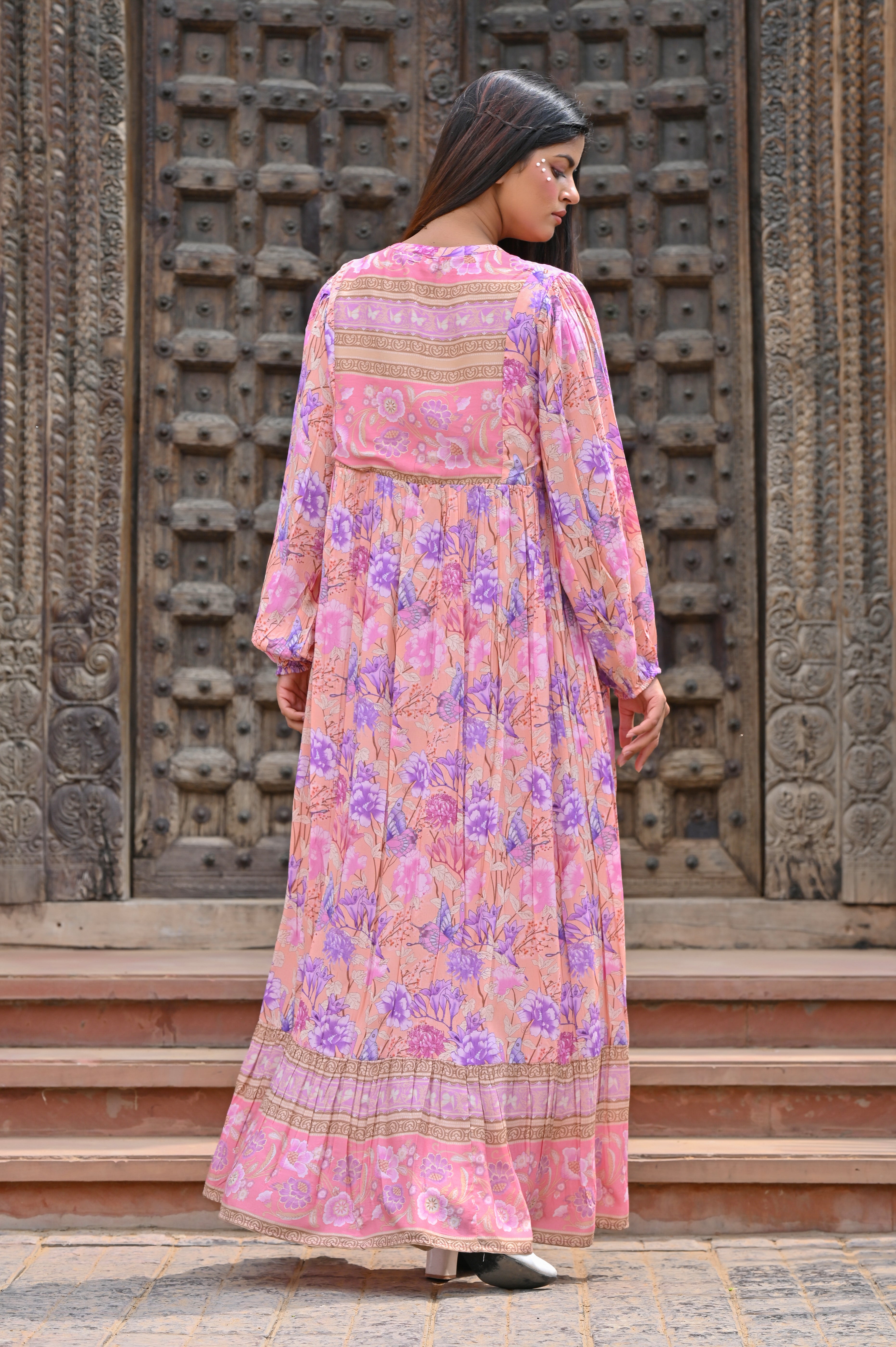 Women Pink Viscose Floral Printed Embroidery Long Dress