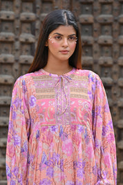 Women Pink Viscose Floral Printed Embroidery Long Dress