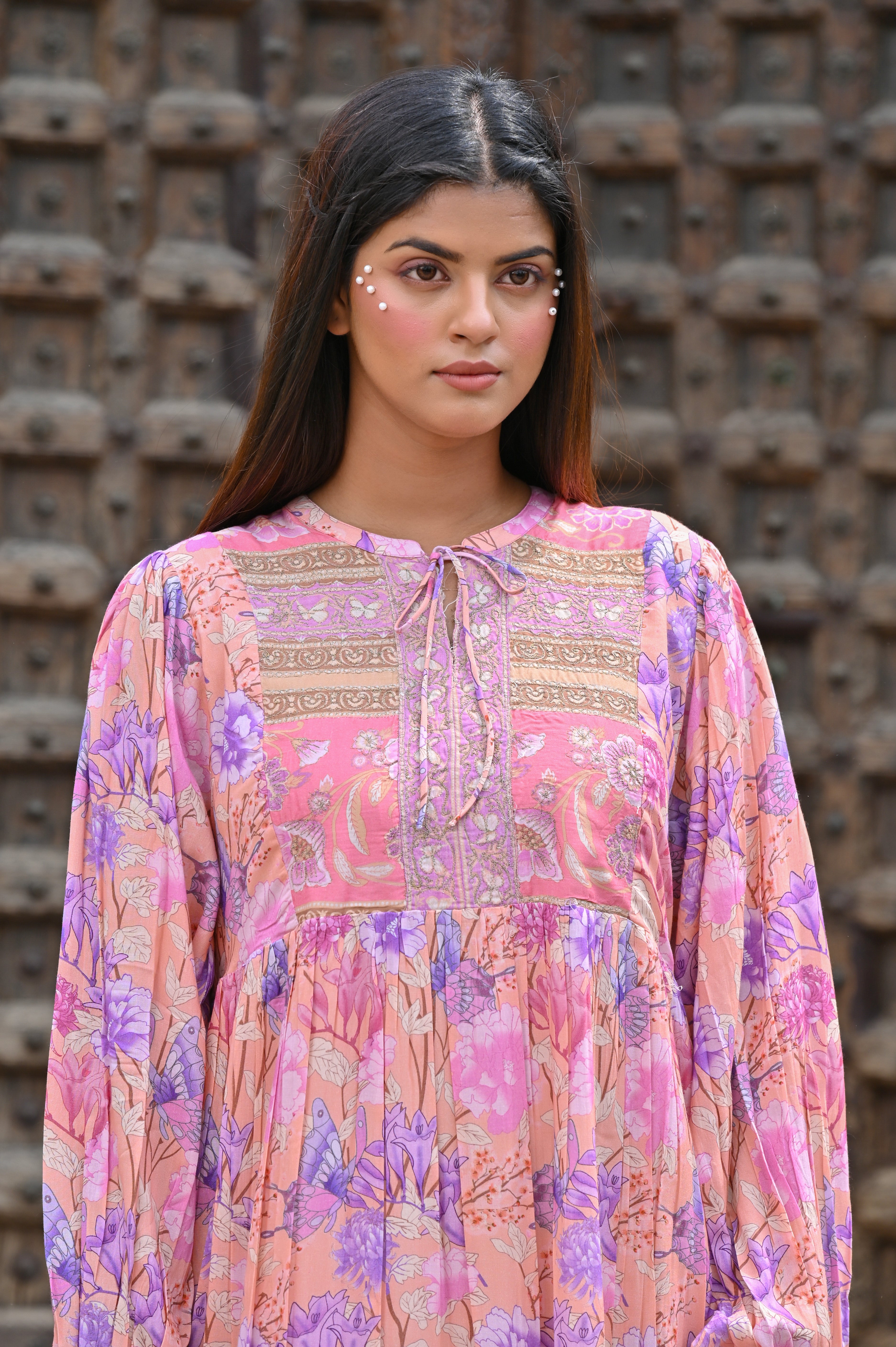 Women Pink Viscose Floral Printed Embroidery Long Dress
