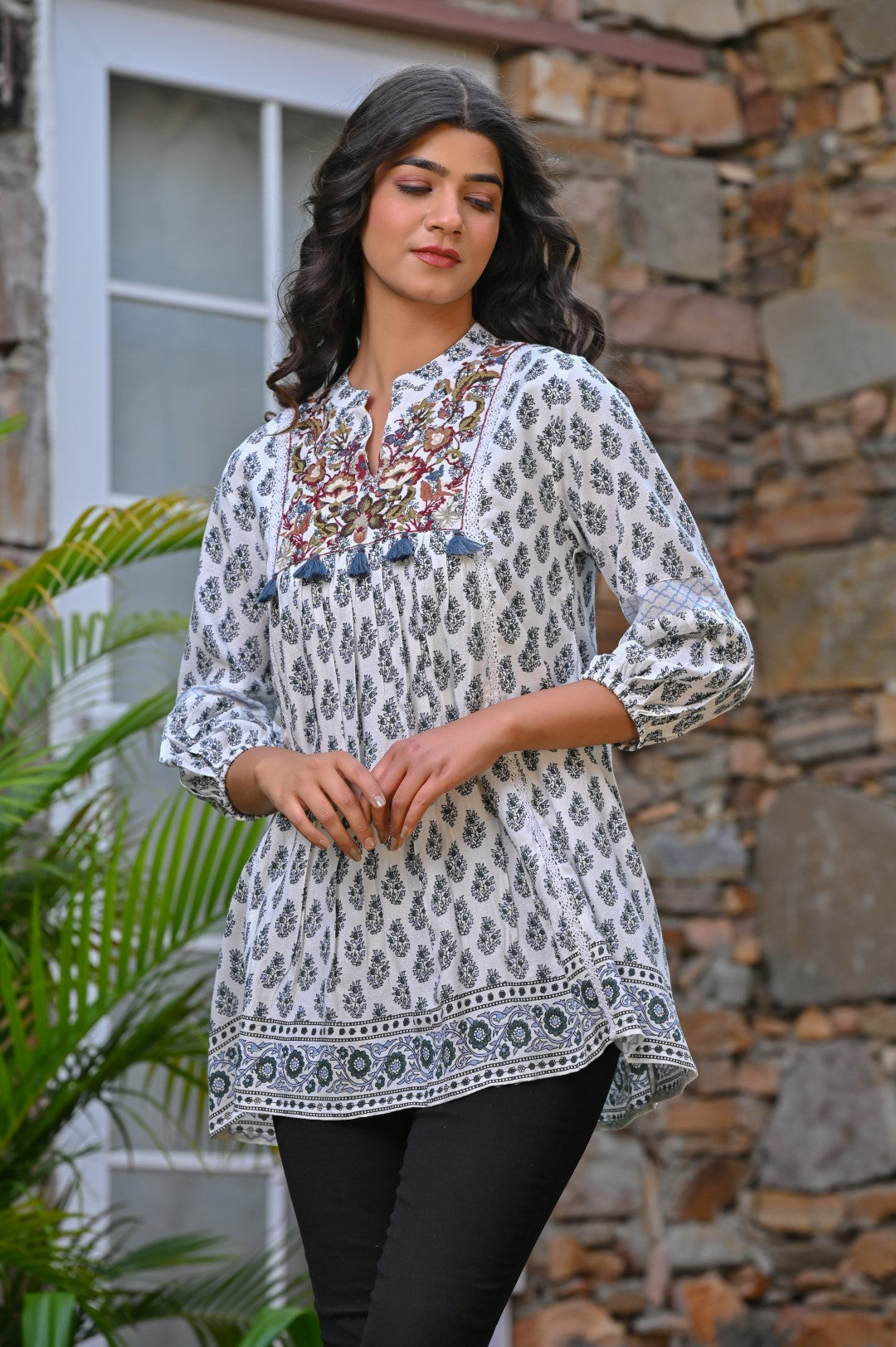 Women Cotton Floral Printed & Embroidery Peplum Top