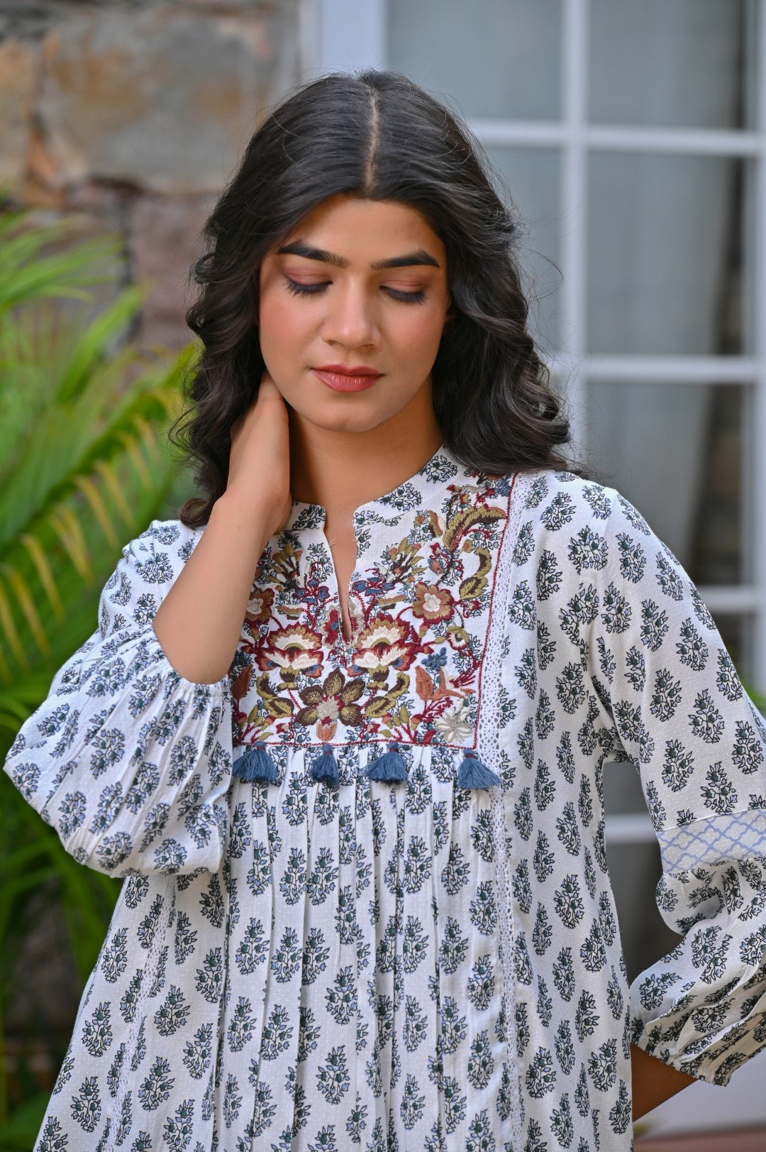 Women Cotton Floral Printed & Embroidery Peplum Top