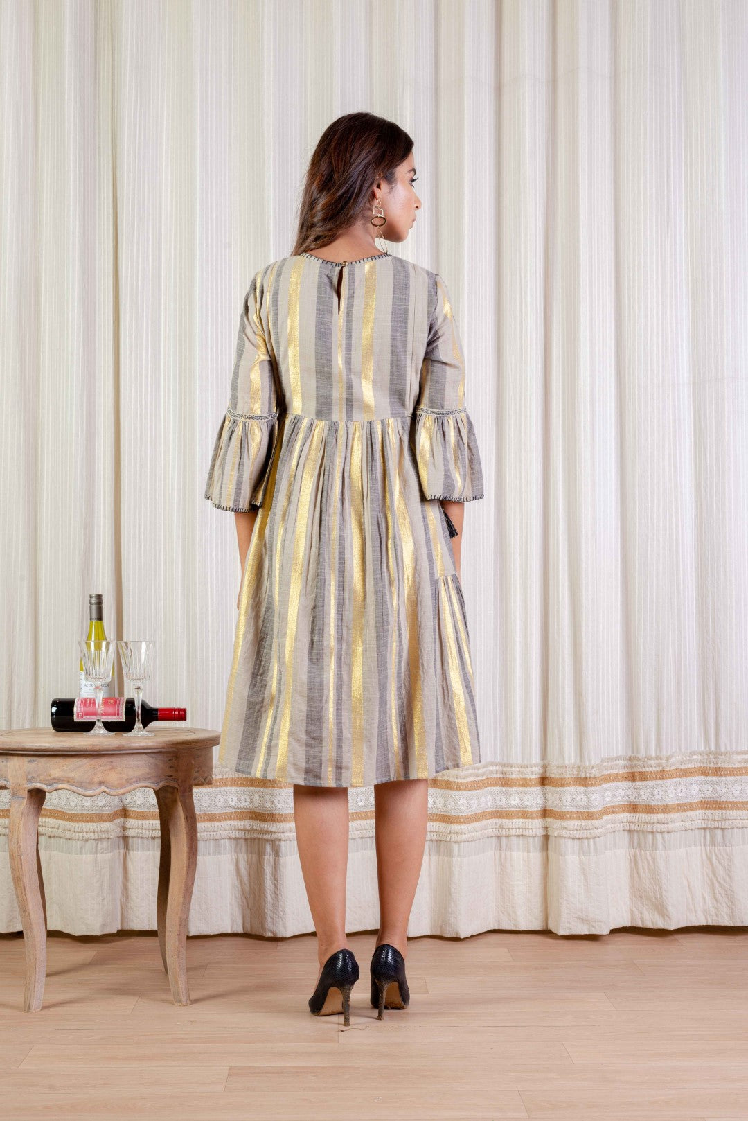 Women Yarn Dye Stripes Embroidered Midi Dress