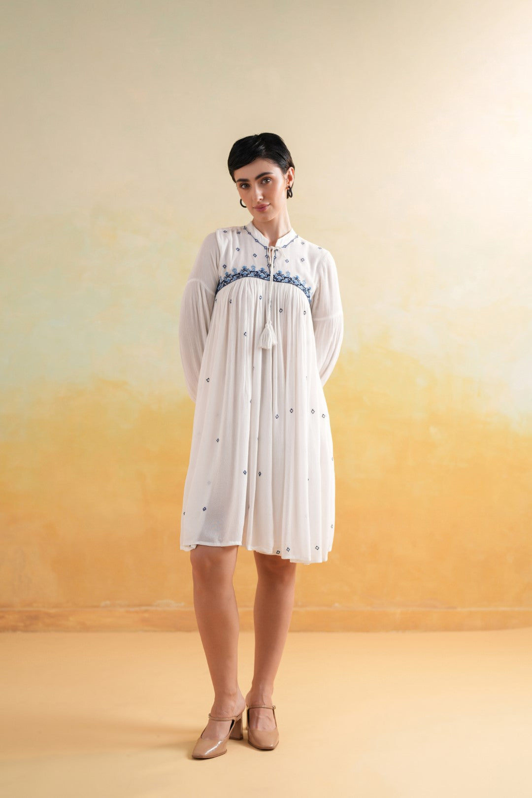 Nyaro Signature White Embroidered Rayon Crepe Short Dress